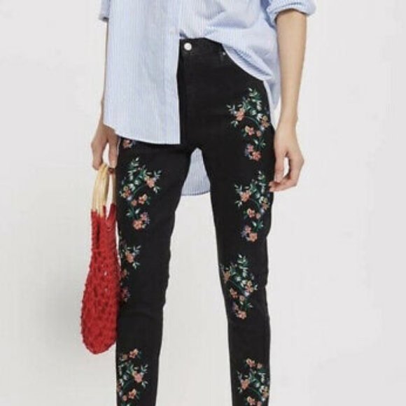 Topshop Denim - Topshop Jamie High Waisted Black Embroidered Floral Skinny Cropped Jeans 26